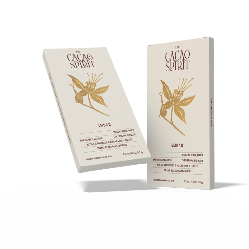Empaques de la barra Ámbar 70%, beige con flor del cacao dorada